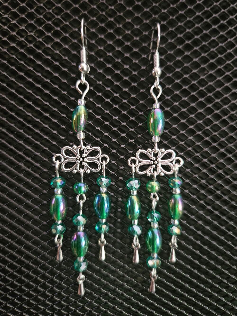 Antique silver and iridescent green glass crystal chandelier earrings